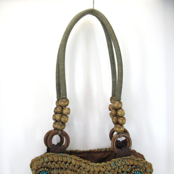 Chico's Paper Straw and Turquoise Medallions Boho Shoulder Bag with Beads - Picture 2 of 8